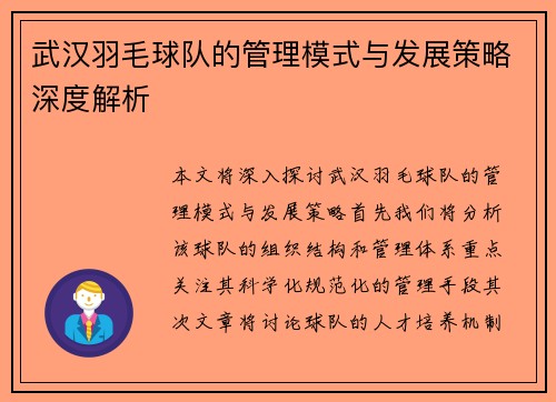 武汉羽毛球队的管理模式与发展策略深度解析